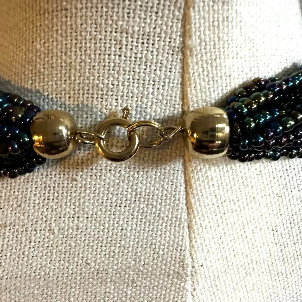Seed Beaded Statement Necklace Iridescent Chunky Beads Multi Strand Layers